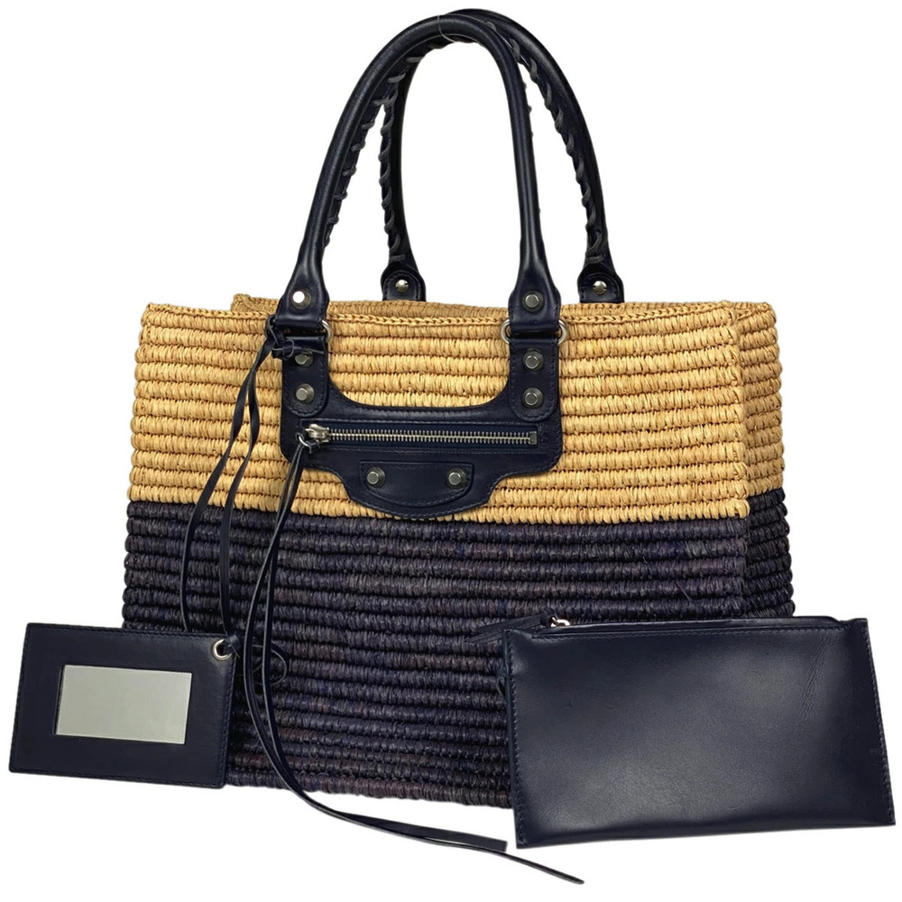 Balenciaga Bicolor Straw Tan Tote Bag Handbag Basket Raffia Beige Purple Navy